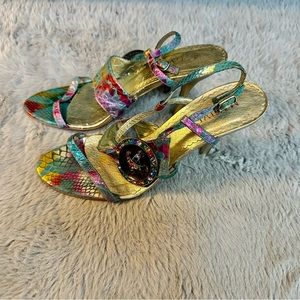 Mativi golden high heels sandals with multicolored snake print size 7